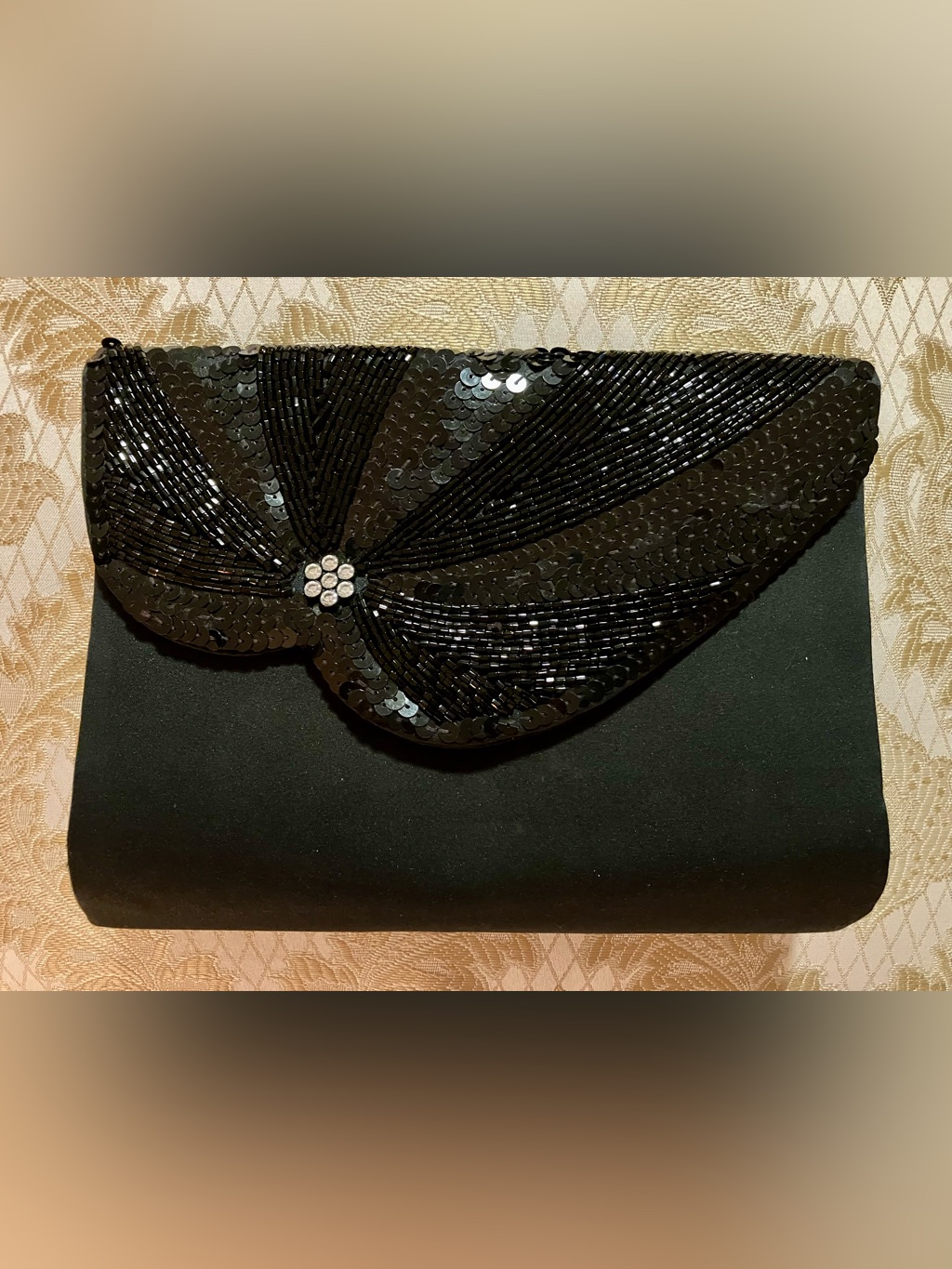 Vintage Black Sequin Beaded Clutch Made In Macau